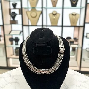 Vintage Coro Silver Tone Curb Chain 16" Necklace Buckle Clasp Modern Statement